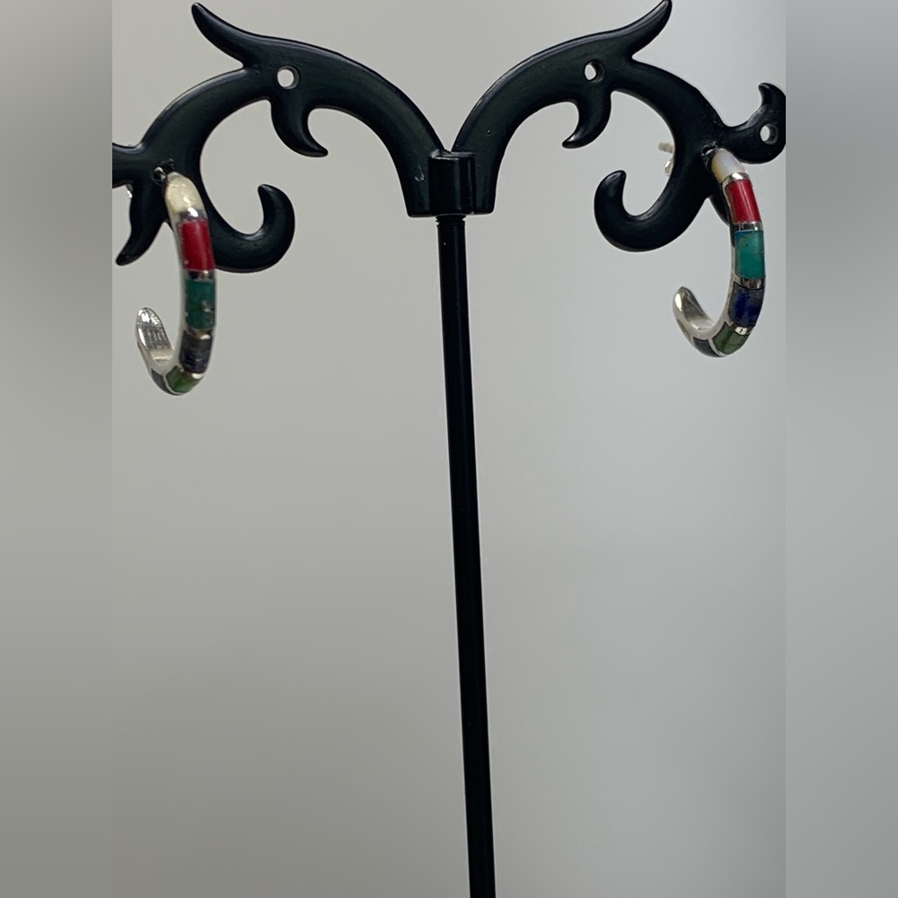 Silpada Vintage RARE VHTF Sterling Silver Inlaid Multi-Color Stone Post Hoops